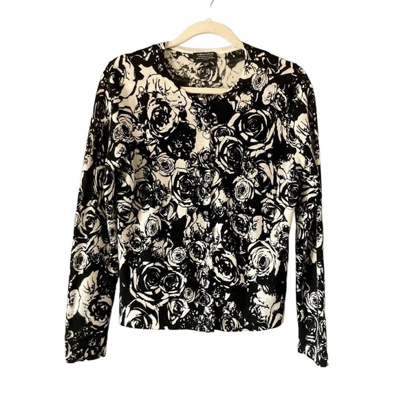 Lord & Taylor women’s white black floral button down cardigan PM L49-36 - Picture 1 of 6